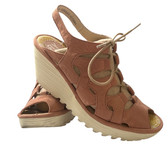 Fly London Shoes Sandals Sz 39 US 8 - 8.5 Ankle Strap Wedge Peep Toe Lace Pink - Picture 4 of 9